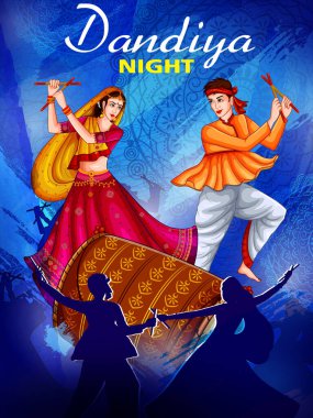 Hint halkı Dandiya Gecesi 'nde Garba dansı yaparak Hindistan' ın Navratri festivalini kutluyor. Vektör illüstrasyonu