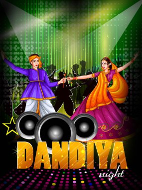 Hint halkı Dandiya Gecesi 'nde Garba dansı yaparak Hindistan' ın Navratri festivalini kutluyor. Vektör illüstrasyonu