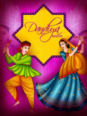 Hint halkı Dandiya Gecesi 'nde Garba dansı yaparak Hindistan' ın Navratri festivalini kutluyor. Vektör illüstrasyonu