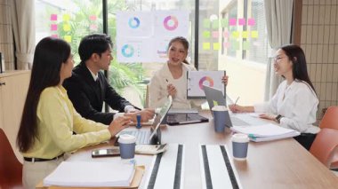 Bir grup mutlu Asyalı genç iş adamı yeni fikirler üretmek ve başarı için stratejiler planlamak için toplantı yapıyorlar. Yavaş çekim videosu.