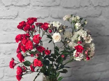 bir masada bir vazo beyaz ve kırmızı güller