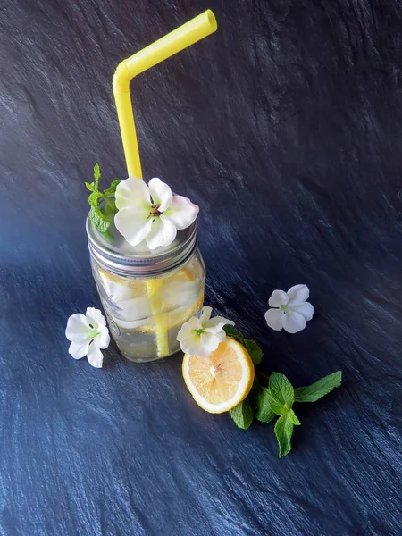 Kiev/Ukrayna - 06 Temmuz 2018: mason kavanoza bir dilim limon ve nane ile