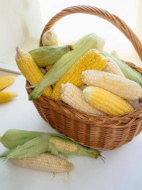 sepet içinde olgunlaşmış doğal Mısır koçanı. sağlıklı beslenme. çevre dostu ürünler. Organik gıda. Stil Top görünümü Grup nesneleri