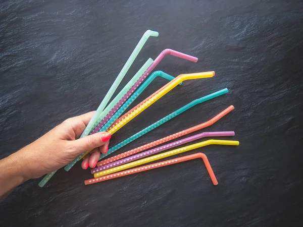 Drinking Paper Colorful Straws Hand Summer Cocktails Dark Background Copy — Stock Photo, Image