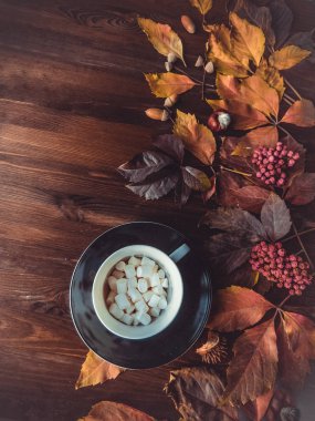 parlak kırmızı renkli yaprakları ve yabani üzüm ahşap arka plan üzerinde. sonbahar sezonu. arka plan doku yabani üzüm yaprağı. sonbahar arka plan üstten görünüm fincan kakao ve şekerleme