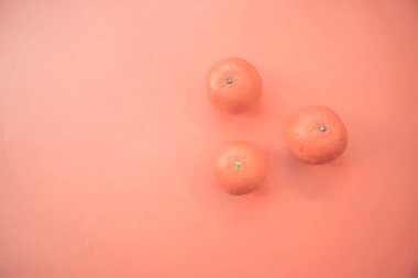 Yıl 2019 - Live Mercan rengi ile banner. Üç mandalina. Metin için yer. Eko kavramı. Taze mandalina renk arka plan üzerinde. Yıl 2019 rengini yaşayan mercan