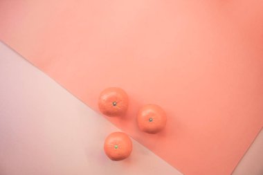 Yıl 2019 - Live Mercan rengi ile banner. Üç mandalina. Metin için yer. Eko kavramı. Taze mandalina renk arka plan üzerinde. Yıl 2019 rengini yaşayan mercan