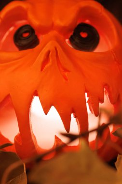 Ürkütücü oyulmuş kabak kıvrımlı sis ve koyu arkaplanda kurumuş yaprak..