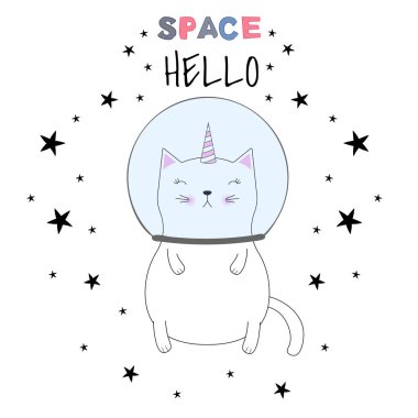 Şirin kedi tek boynuzlu at astronot uzayda. T-shirtler için tatlı çocuklar grafik. Tebrik kartı.