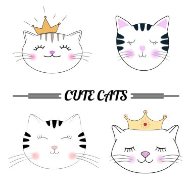 Sevimli kedi çizgi film vektör çizim ayarlayın. Tatlı çocuk grafik t-shirt için.