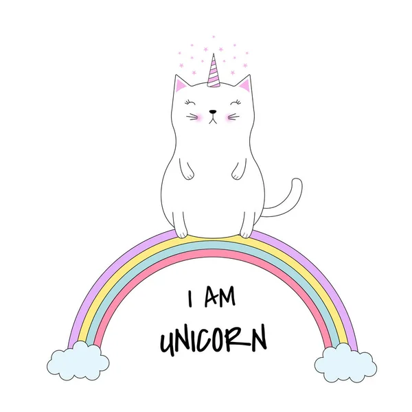 Lindo Gato Unicornio Sienta Arco Iris Colores Gráficos Para Camisetas — Vector de stock