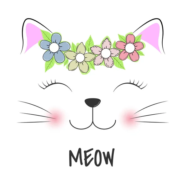 Lindo Gatito Silueta Cabeza Gato Con Palabra Letras Meow Diseño — Vector de stock