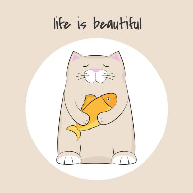 Etiket Cute ve şişman kedi ayakta tutan bir balık. Tatlı çocuk grafik t-shirt için.
