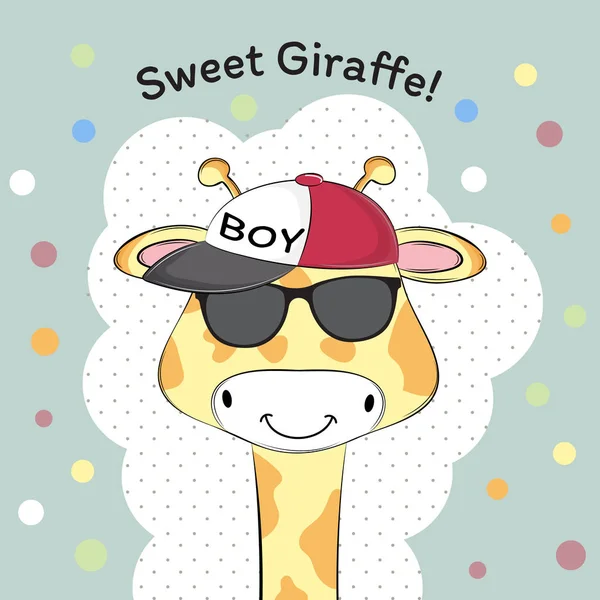 Ευχετήρια Κάρτα Χαριτωμένο Μωρό Αγόρι Καμηλοπάρδαλη Στο Καπάκι Γλυκό Παιδιά — Διανυσματικό Αρχείο