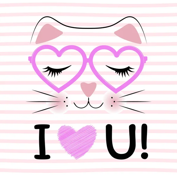 Söt Katt Rosa Glasögon Och Säger Jag Älskar Dig Gratulationskort — Stock vektor