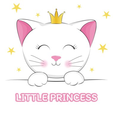 Portre sevimli çizgi Kitty'e taç ve yazıt küçük prenses. T-shirtler için tatlı çocuklar grafik. Tebrik kartı.