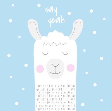 Sevimli çizgi lama ve yazıt Evet de. Tebrik kartı ile mavi arka plan üzerinde büyüleyici hayvan. Vektör çizim.