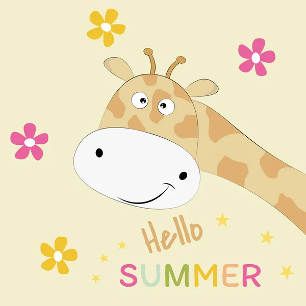 可爱的长颈鹿在黄色的背景上花和题字你好夏天 可爱的孩子图形 — 图库矢量图片