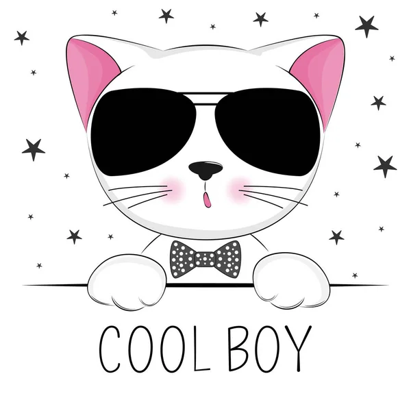 Portrait Mignon Chat Gentleman Lunettes Inscription Cool Boy Doux Graphismes — Image vectorielle