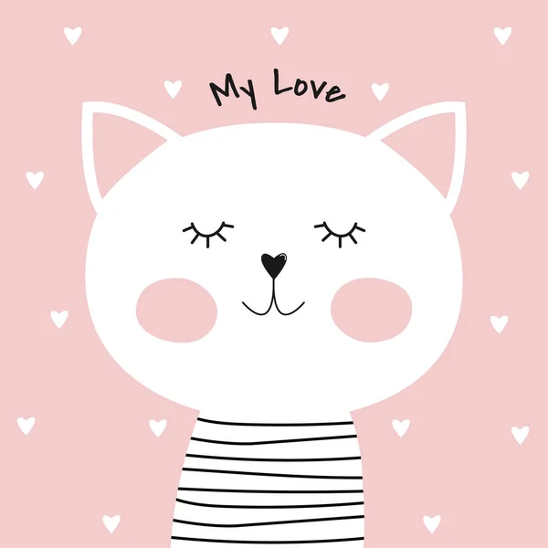 可爱的卡通猫和题词我的爱 与迷人的凯蒂在粉红色的背景贺卡 矢量插图 — 图库矢量图片