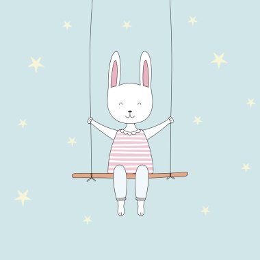 Salıncak mavi arka plan üzerinde şirin küçük tavşan. T-shirtler için tatlı çocuklar grafik. Tebrik kartı.