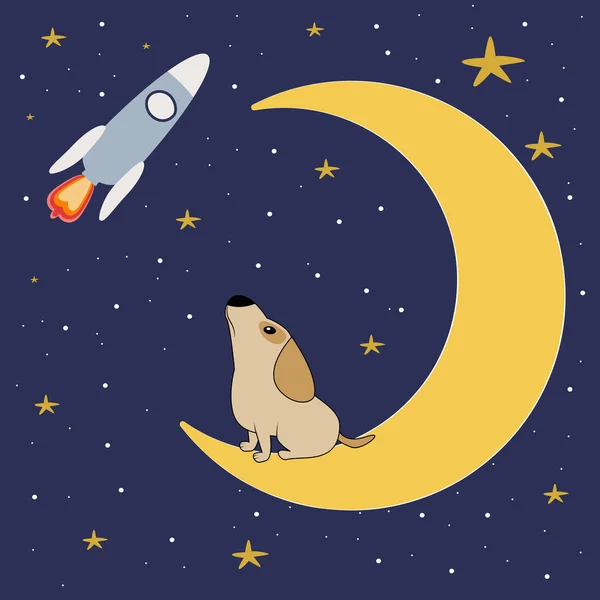 Nocny Krajobraz Przypadku Gdy Jest Ładny Pies Siedzi Księżyc Słodkie — Wektor stockowy