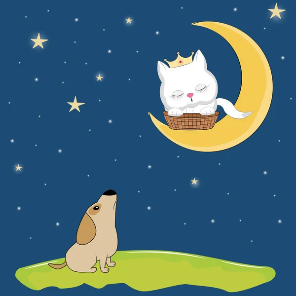 Night landscape where cute dog sitting on the ground and in looks at the kitty. Sweet kids graphics for t-shirts. Greeting card.