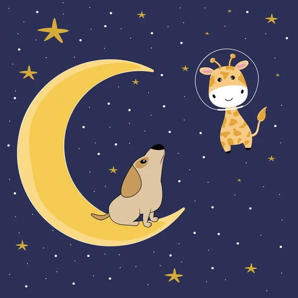 Night Landscape Cute Dog Sitting Moon Looks Giraffe Astronaut Sweet — Stock Vector