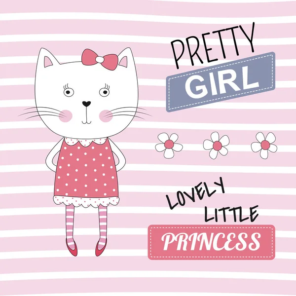 Mooie Prinses Kat Roze Achtergrond Zoete Kinderen Graphics Voor Shirts — Stockvector
