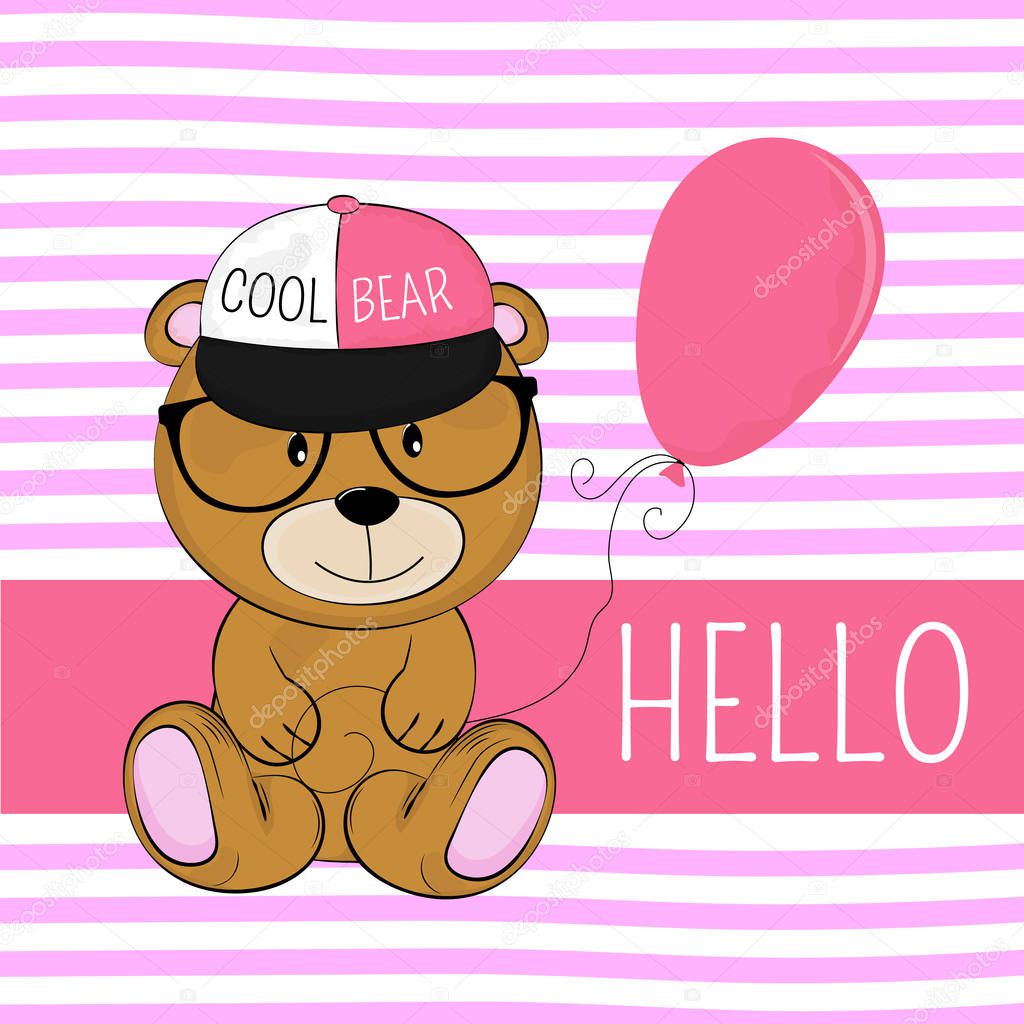 Cute cartoon bear with a balloon in cap with the inscription hello. Sweet kids graphics for t-shirts. Greeting card.