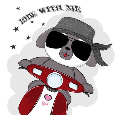 Köpek motorcu bir motosiklet ve yazıt bardaklarda benimle binmek. Tasarım konsepti çocuklar için t-shirt.