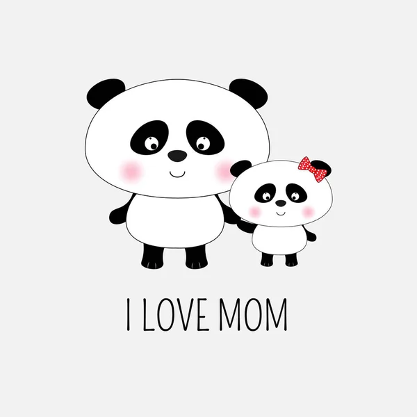 かわいい二匹のパンダ ママと赤ちゃんは 手を握る 甘い子供 シャツのグラフィック グリーティング カード — ストックベクタ