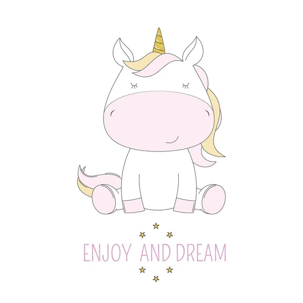 Schattige Cartoon Unicorn Glazen Met Inscriptie Genieten Dromen Zoete Kinderen — Stockvector