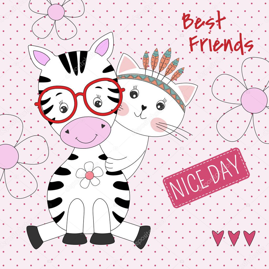 Cute animals zebra and cat best friends. Happy friendship day. Kids graphics for t-shirts. Greeting card.