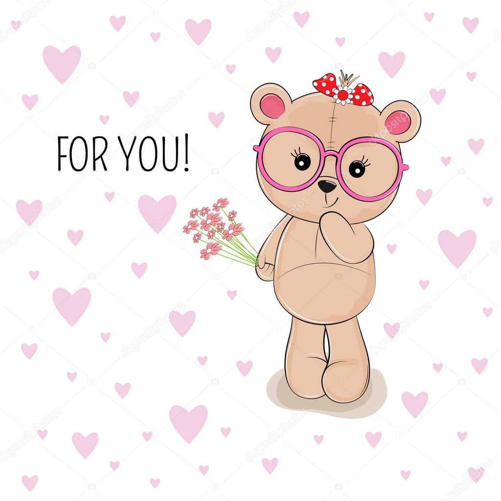 Lovely sweet bear with flowers and the inscription for you. Kids graphics for t-shirts. Greeting