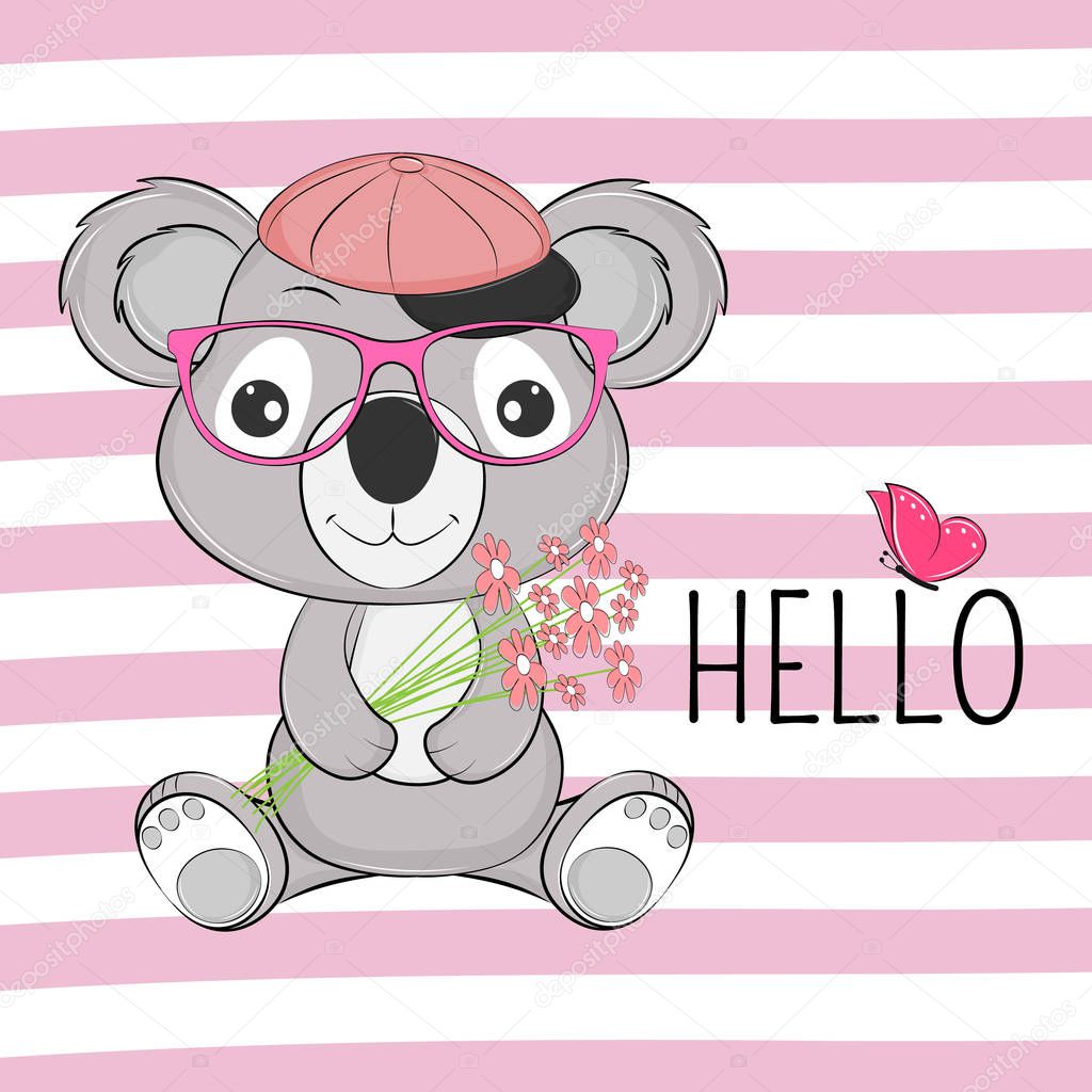 Lovely sweet bear in cap with flowers and the inscription hello. Kids graphics for t-shirts. Greeting card.