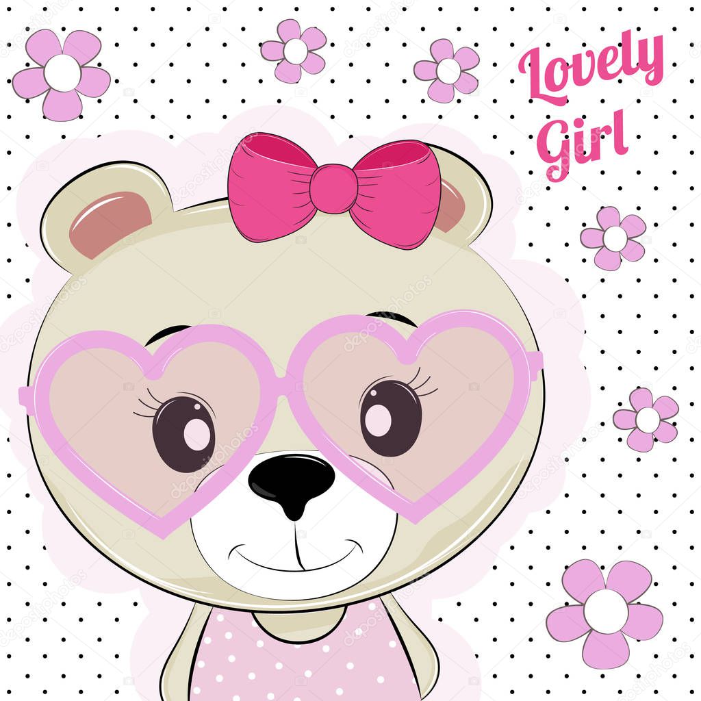 Lovely sweet teddy bear in glasse on white background with flowers. Kids graphics for t-shirts. Greeting card.