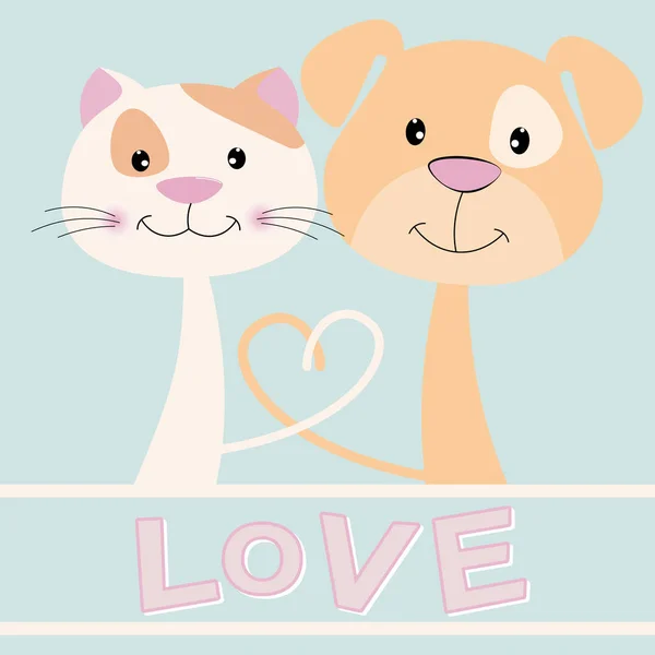 Kitty and puppy with text love on blue background. — Stock Vector