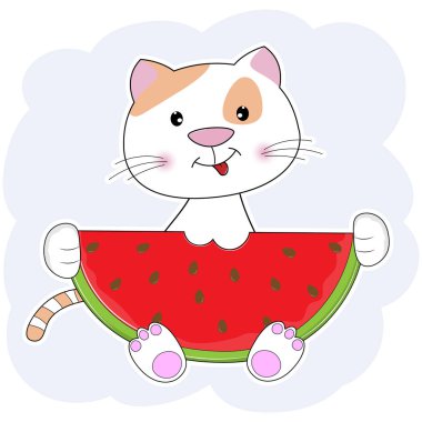 Şirin kedi ile mavi arka plan izole karpuz yeme.