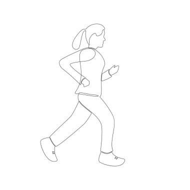 Spor Nordik yürüyüş ile ilgili sürekli bir çizilmiş çizgiyi siluet kız. Beyaz arka plan üzerinde izole vektör çizim.