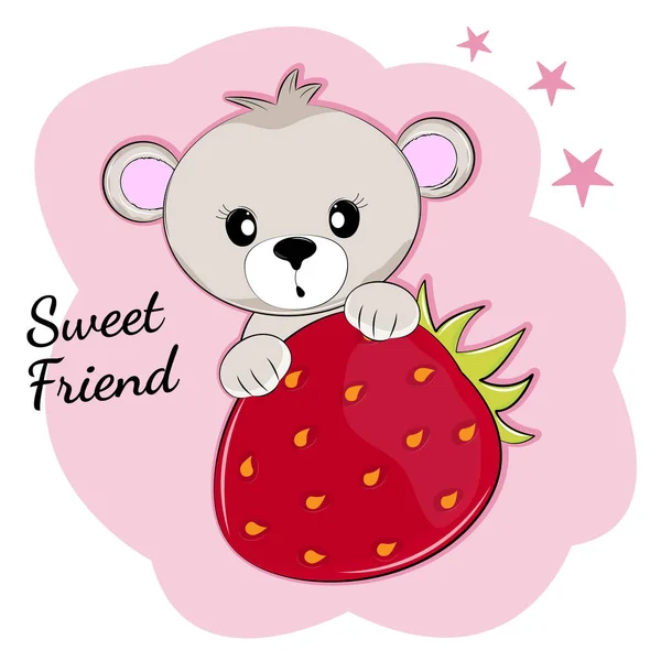Γλυκό Αρκουδάκι Γελοιογραφία Είναι Κάθεται Πίσω Από Μια Φράουλα Γλυκό — Διανυσματικό Αρχείο
