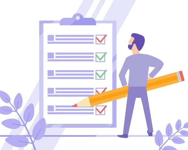 Affisch Affärsman Med Penna Markerad Checklista Urklipp Papper Framgångsrik Utformning — Stock vektor