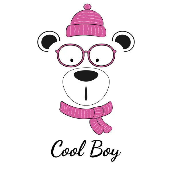 Cool Teddy Bear Pojke Med Glasögon Halsduk Och Vintern Hatt — Stock vektor