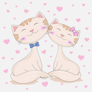 Sevimli iki güzel kedi kız pembe kalpler arka plan üzerinde uyuyor. T-shirtler için grafik. Tebrik kartı. Vektör çizim.