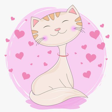 Sevimli çizgi film kedi kız pembe kalpler arka plan üzerinde uyuyor. T-shirtler için grafik. Tebrik kartı. Vektör çizim.