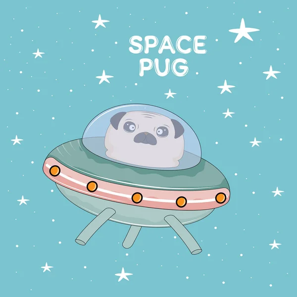 Astronauta Pies Mops Ufo Ekspedycji Kosmicznej Koncepcja Dla Dzieci Wydruku — Wektor stockowy
