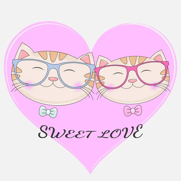 可爱的两只猫在眼镜与文本甜美的爱在粉红色的心脏背景 儿童图案的 T恤衫 向量例证 — 图库矢量图片