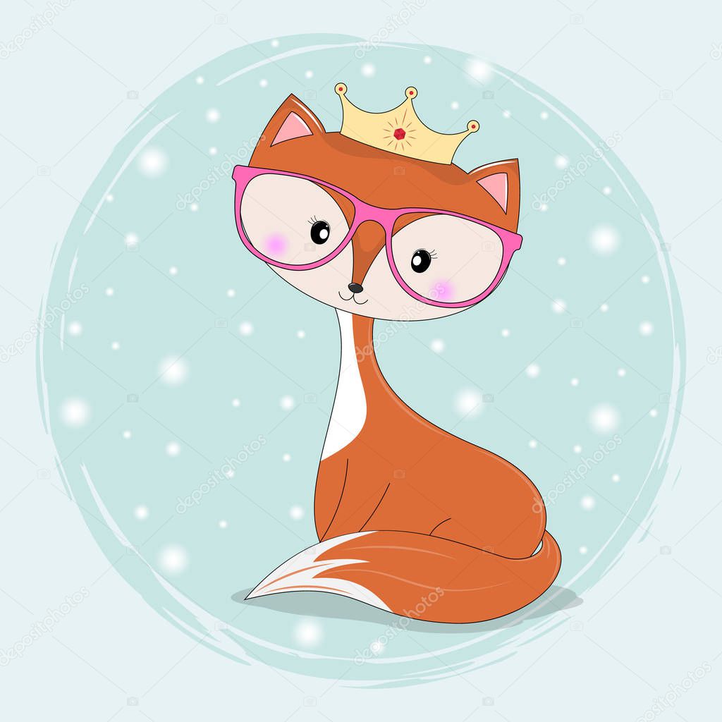 Cute Cartoon fox princess isolated on blue background. Graphics for t-shirts. Greeting card. Vector illustration.