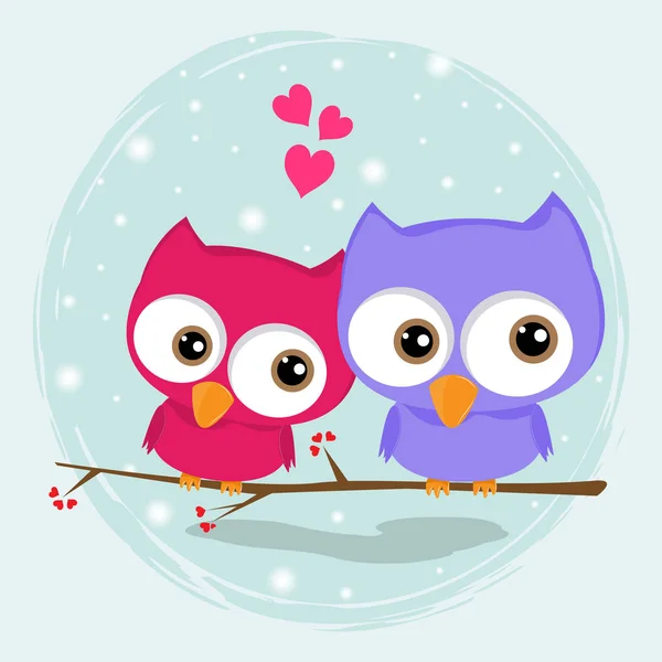 Greeting card two loving owls, happy birds are sitting on a tree. — Stock Vector