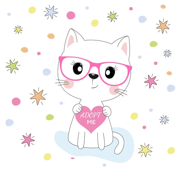カラフルなサークルと星の背景に分離されたピンクのメガネの素敵な猫の女の子 甘い子供 シャツのグラフィック グリーティング カード — ストックベクタ